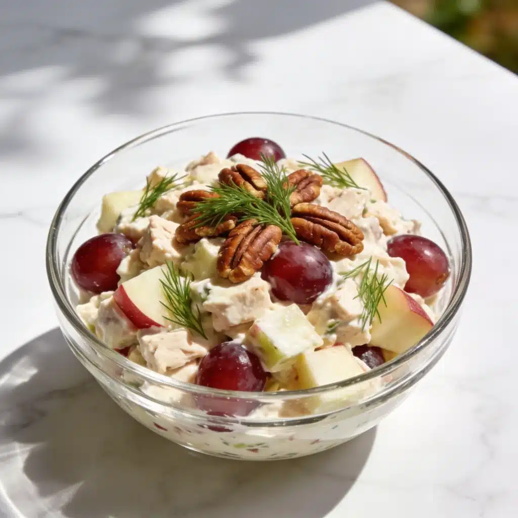A high-end final presentation of Sonoma chicken salad ready to be served.