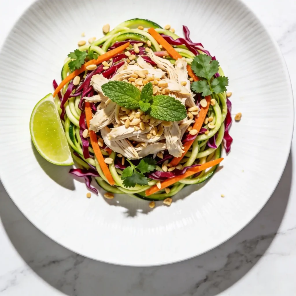 A final plated presentation of the low carb Vietnamese zoodle salad.