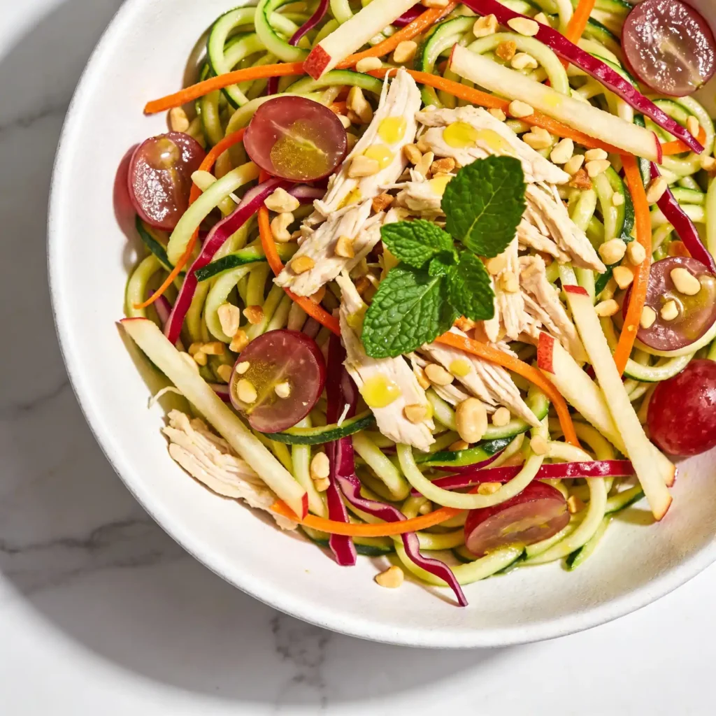 Vietnamese chicken zoodle salad with grapes and apples.