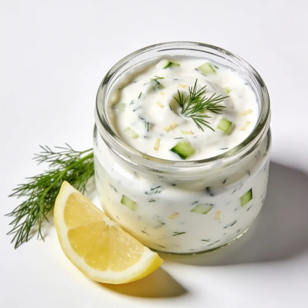 A creamy Greek yogurt Tzatziki dressing for a high protein salad.