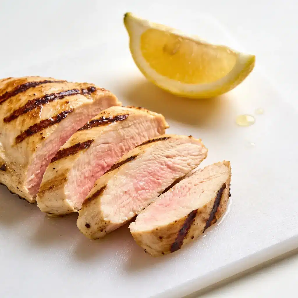 Sliced grilled chicken breast on a cutting board.