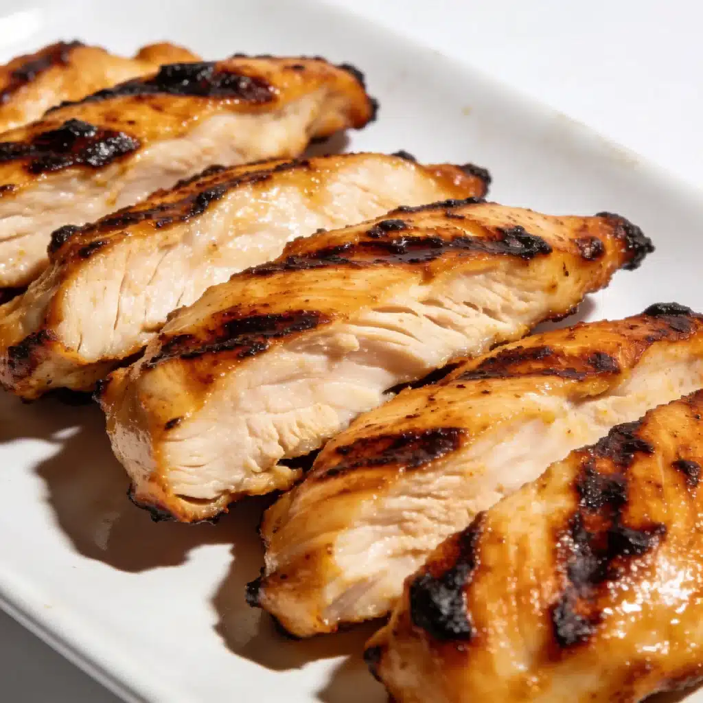 Sliced grilled chicken breast with char marks for a healthy watermelon salad.