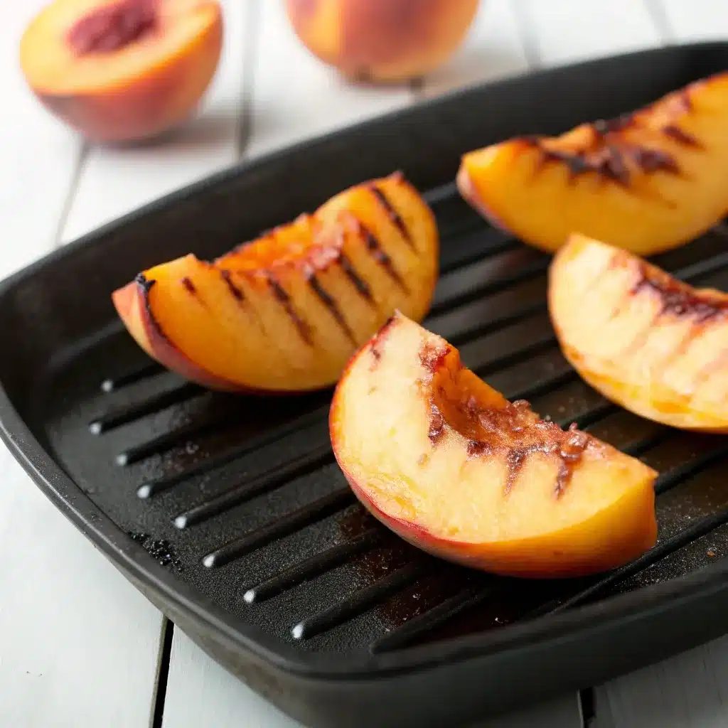Grilled peach wedges with char marks on a grill pan.