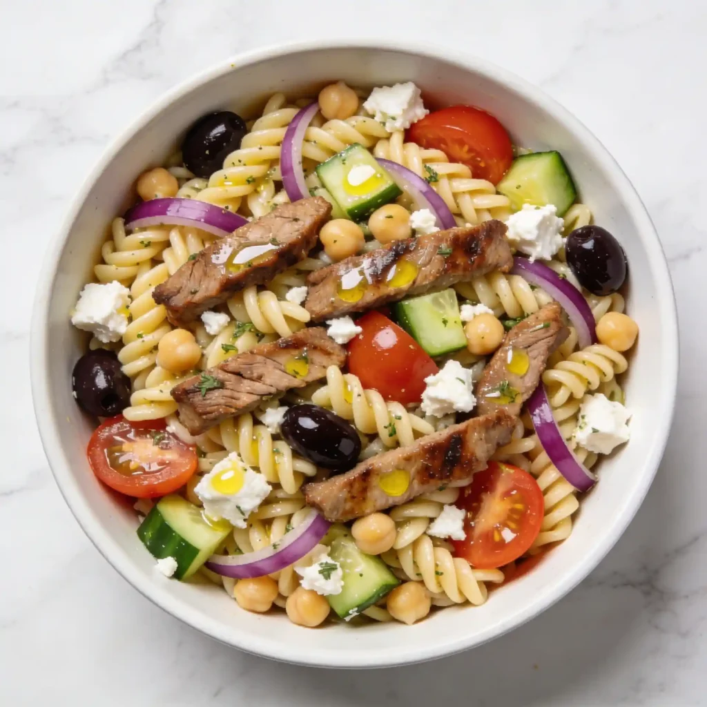 A high protein Greek gyro pasta salad featuring chickpea orzo.