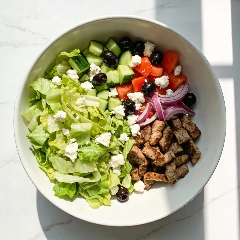 A massive portion of gyro salad for weight loss illustrating volume eating.