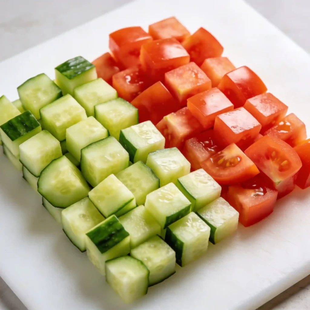 Diced cucumbers and tomatoes illustrating the uniform dice technique.