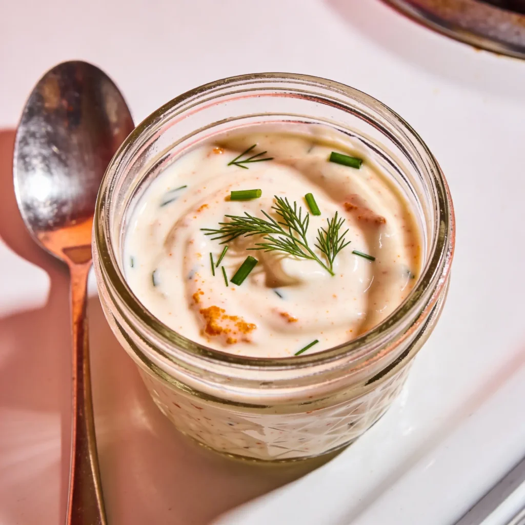 Jar of healthy buffalo ranch dressing made with cottage cheese.