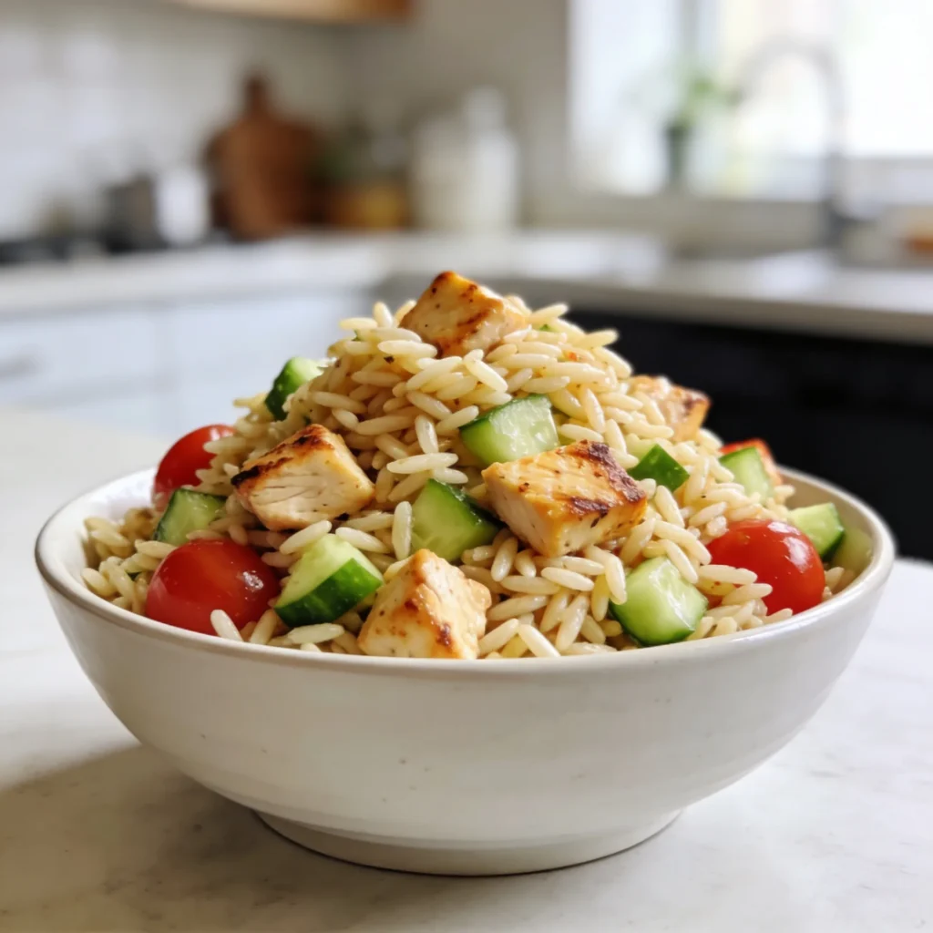 Side view of a bowl filled with healthy Greek orzo salad and feta.