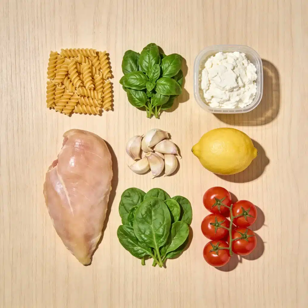 Flat lay of fresh ingredients including basil, cottage cheese, and chicken for a simple pesto pasta salad.