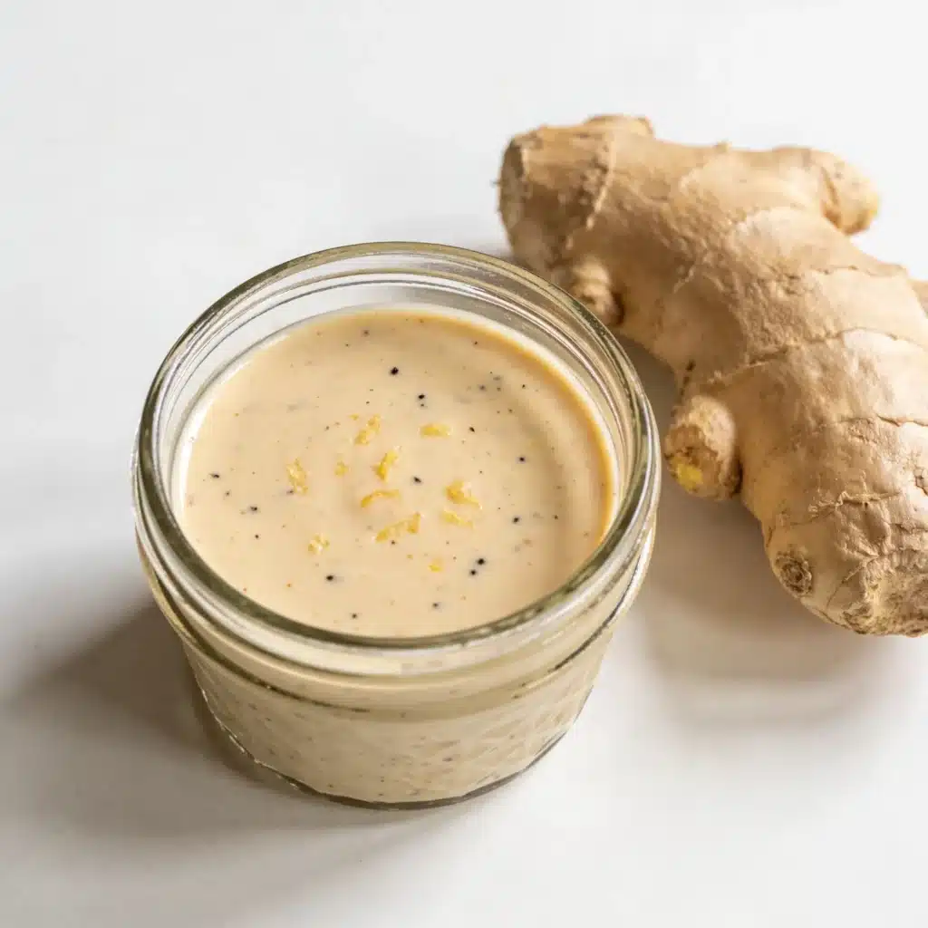 Jar of creamy yogurt-based sesame ginger dressing.