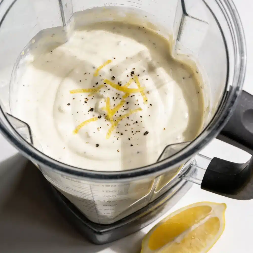 Blender filled with creamy greek yogurt caesar dressing.