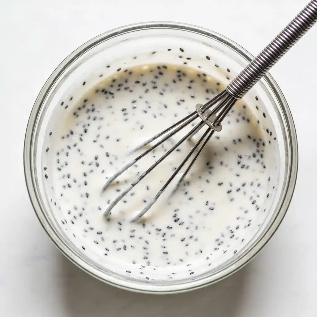 Bowl of creamy greek yogurt poppyseed dressing.