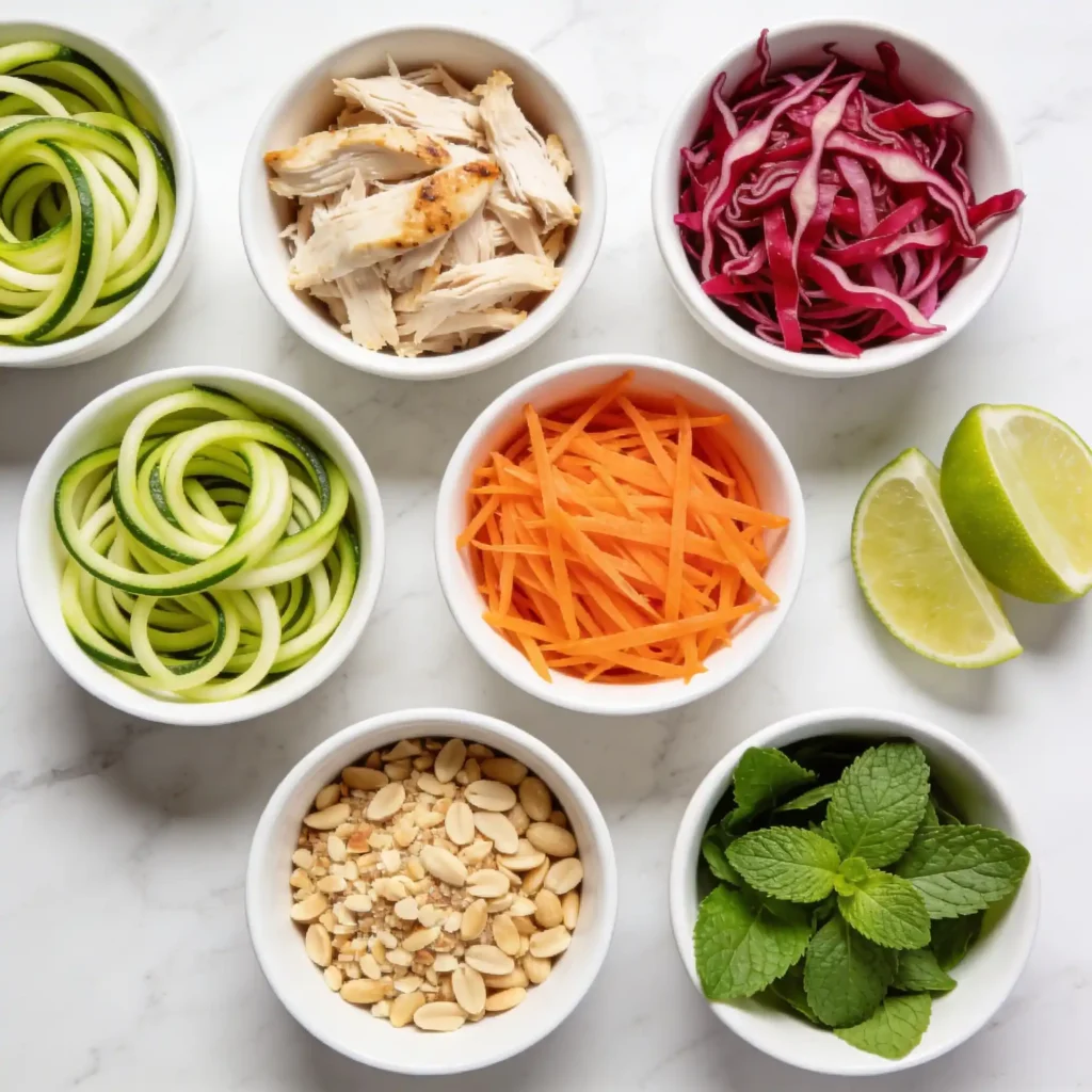 Raw ingredients for an Asian zoodle salad including zucchini, chicken, and herbs.