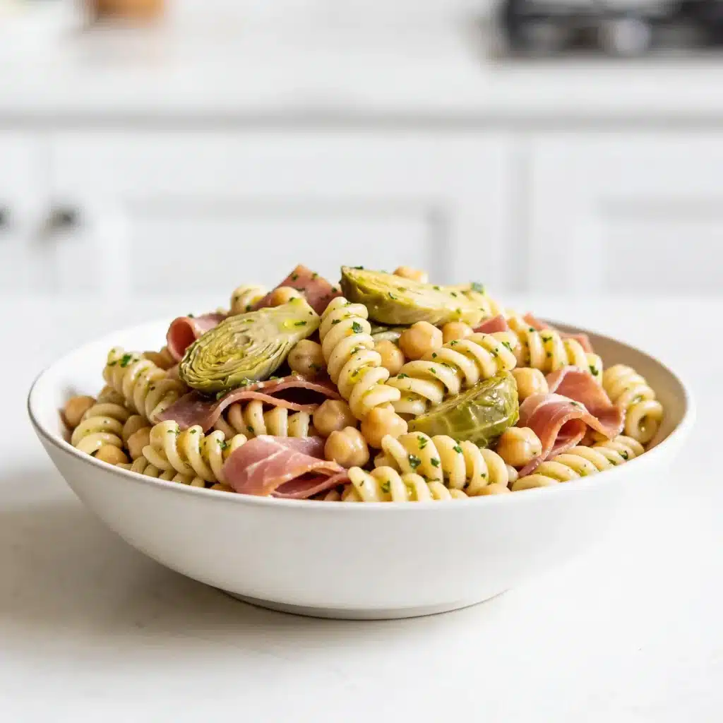 A high protein antipasto pasta salad hybrid featuring chickpea noodles.