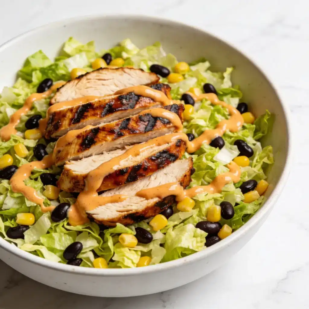 Finished High Protein BBQ Chicken Chopped Salad in a white bowl on a marble surface.