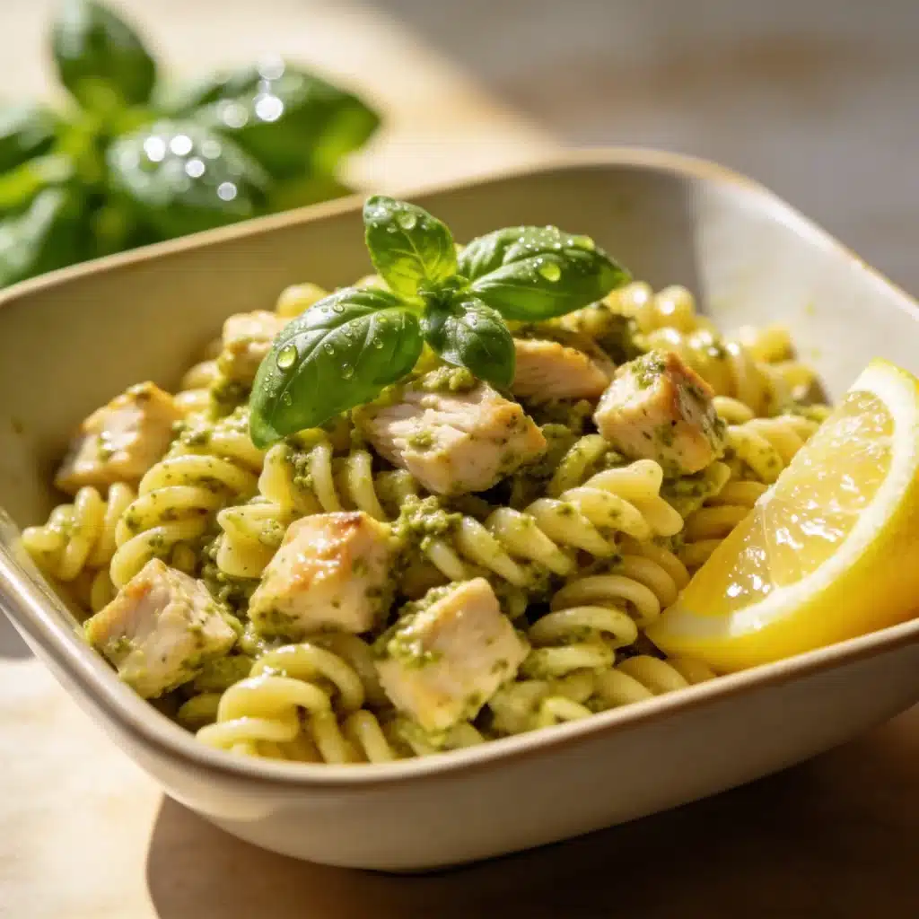An elegant final plate of high protein chicken pesto pasta salad.