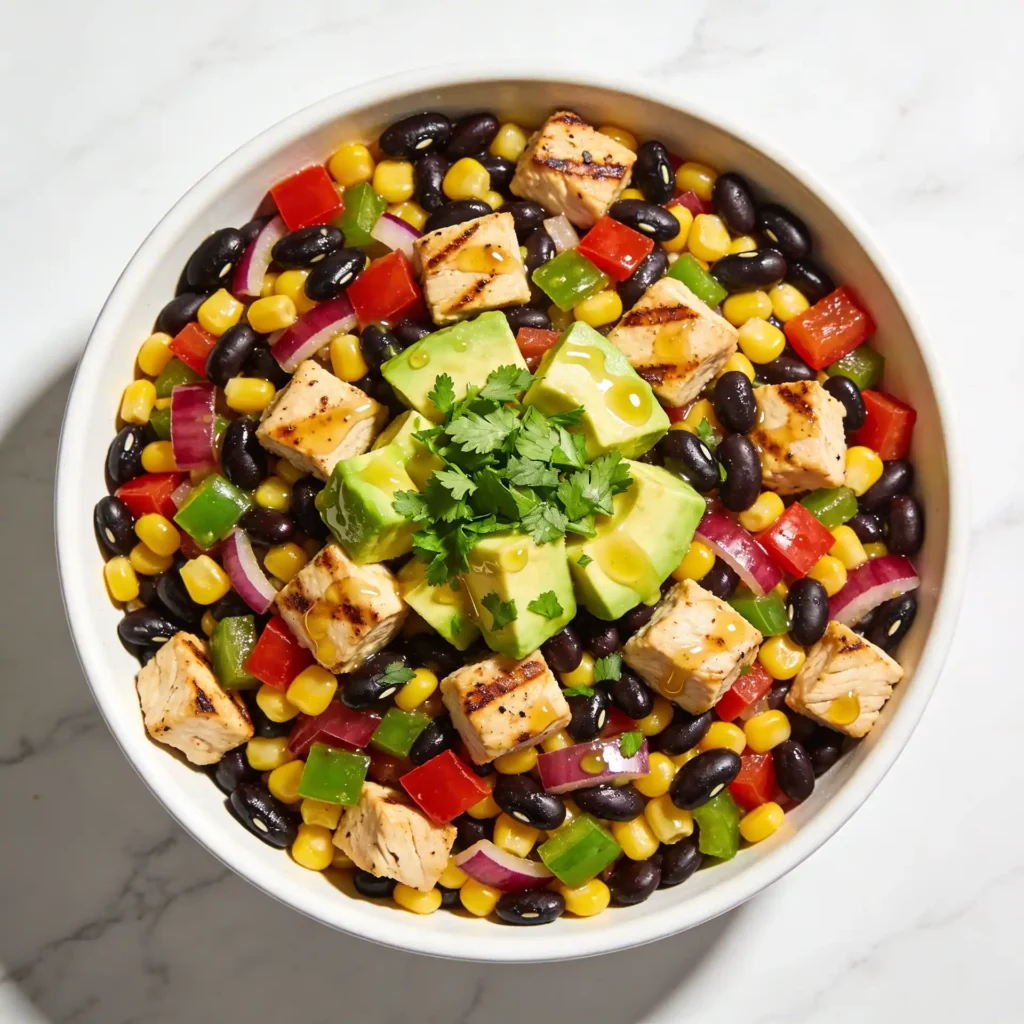 A vibrant Cowboy Caviar Salad in a white bowl with chicken, black beans, and avocado.