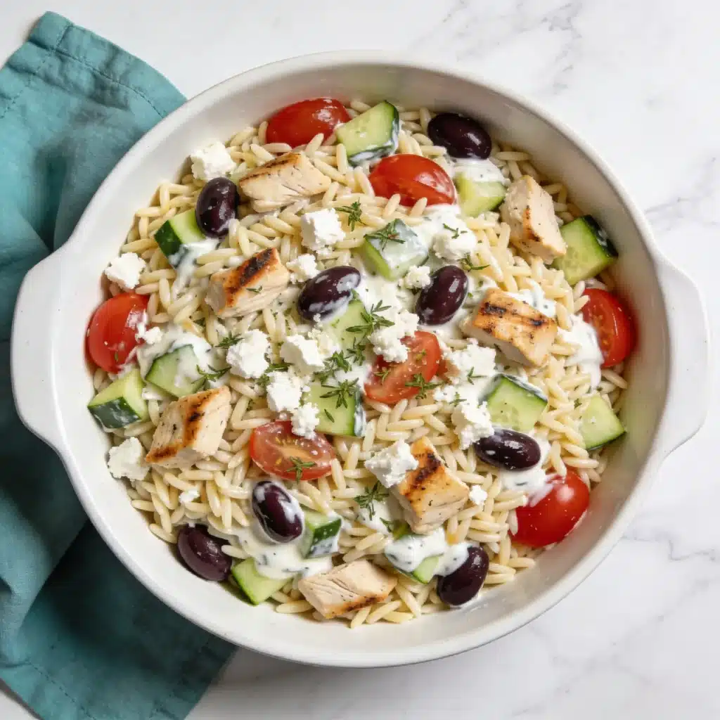 High Protein Greek Orzo Salad with grilled chicken and fresh vegetables.