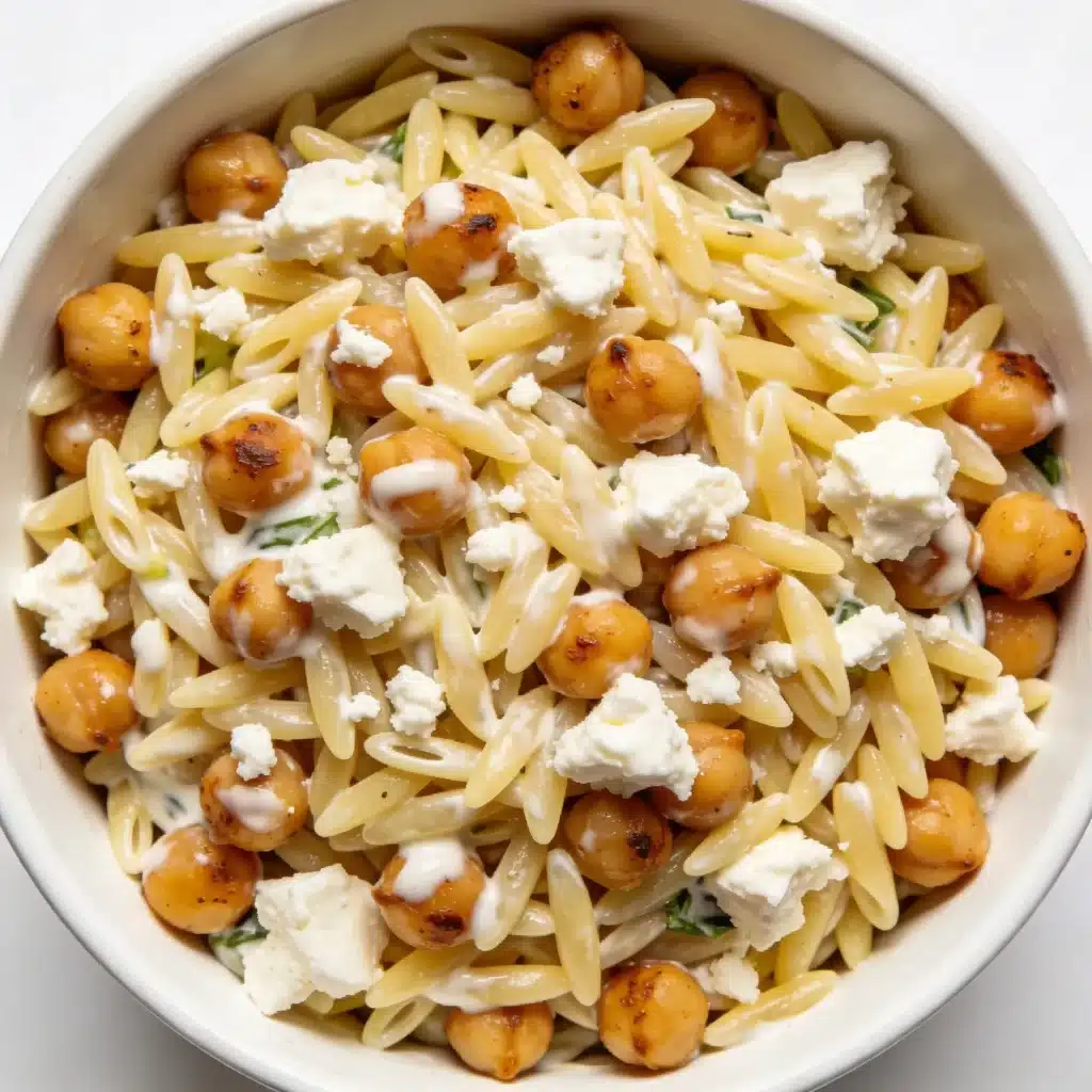 Vegetarian high protein Greek orzo salad with feta and roasted chickpeas.