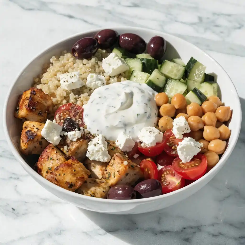 A vibrant Mediterranean Power Bowl in a white bowl with chicken, quinoa, and feta.