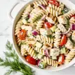 Creamy high protein pasta salad with chicken and veggies in a white bowl.