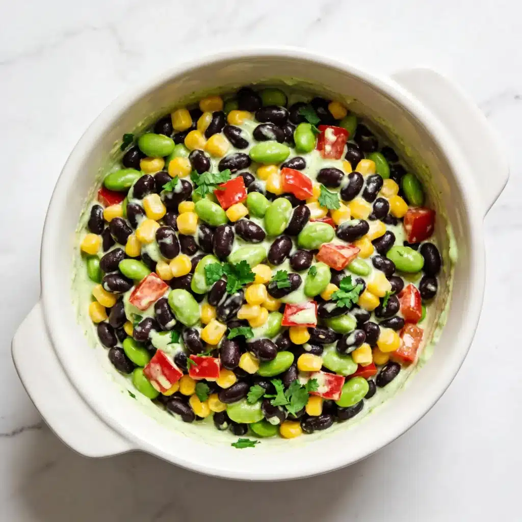 High Protein Southwestern Black Bean Salad with corn and edamame.