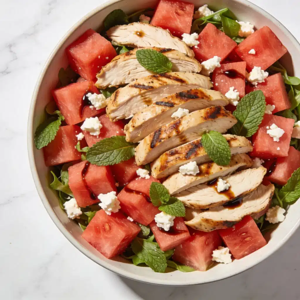 A finished bowl of Watermelon Feta Salad with Chicken featuring mint and balsamic glaze.