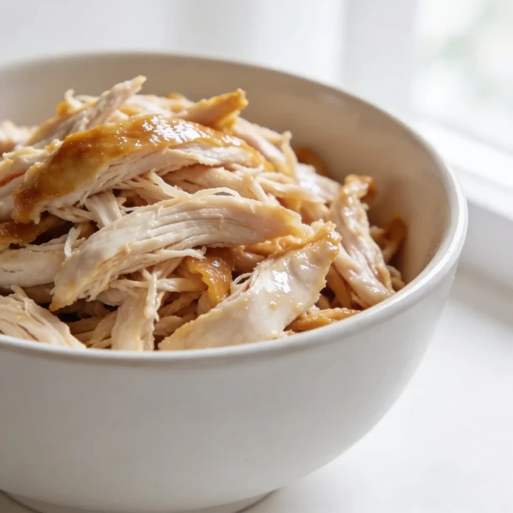 Shredded rotisserie chicken breast in a white bowl for meal prep.