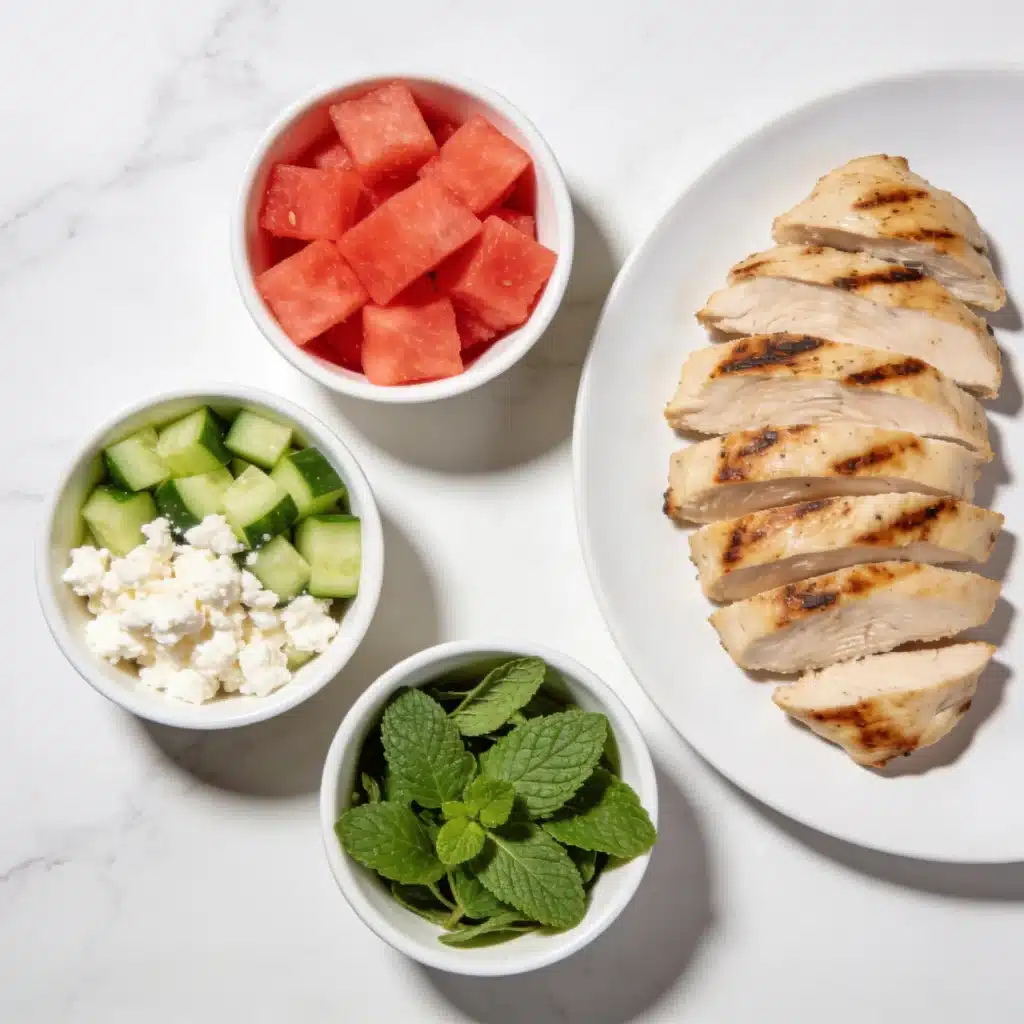 Fresh ingredients spread for a grilled chicken watermelon salad recipe on a marble surface.