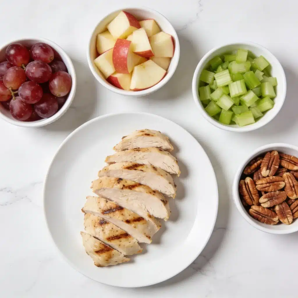 Fresh ingredients spread for a healthy chicken salad with grapes and apples.