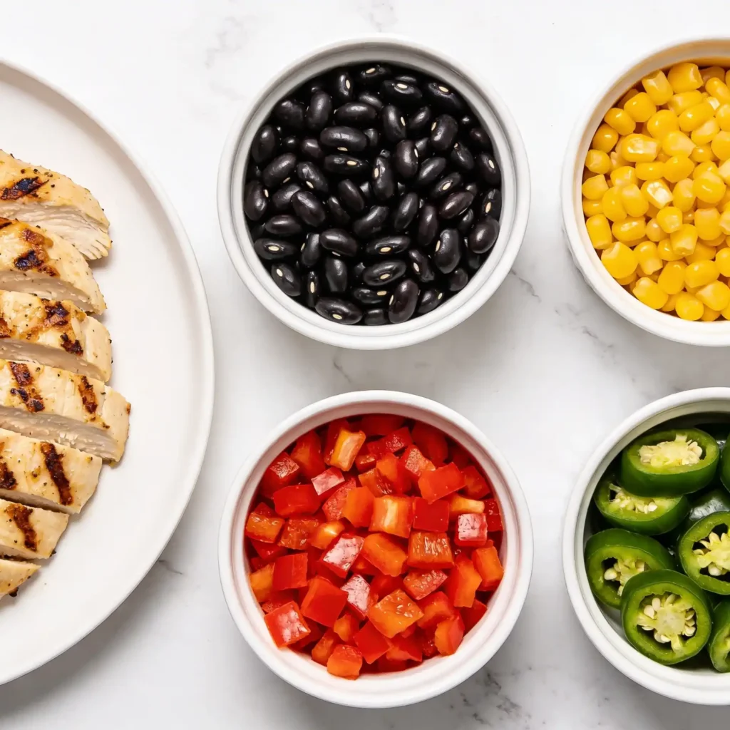 Fresh ingredients spread for a healthy cowboy caviar recipe on a marble surface.