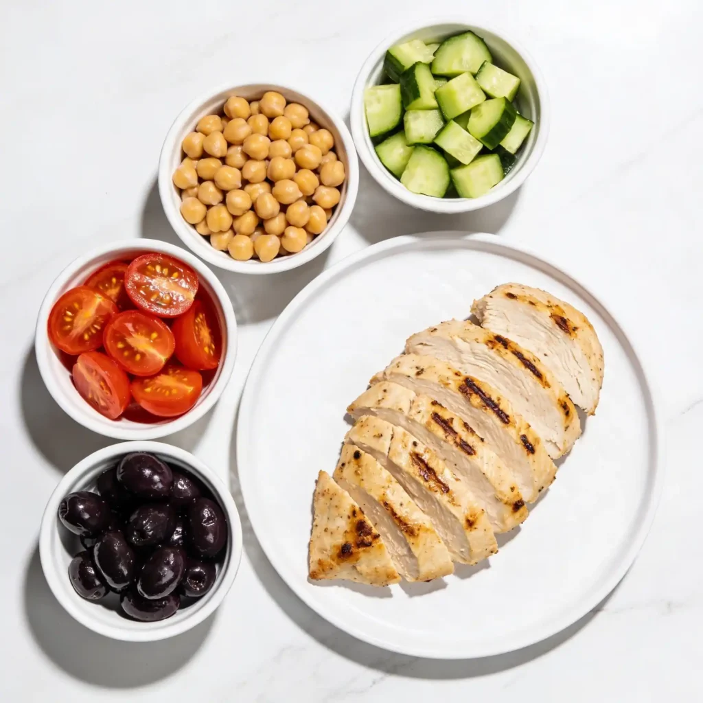 Fresh ingredients spread for a healthy mediterranean bowl recipe on a marble surface.
