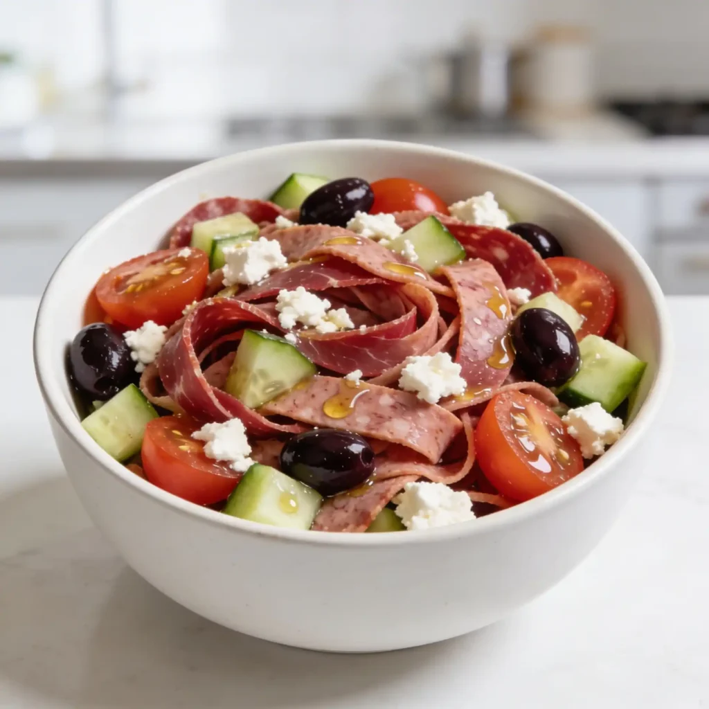 A fusion mediterranean power bowl featuring ribbon-cut deli meats.