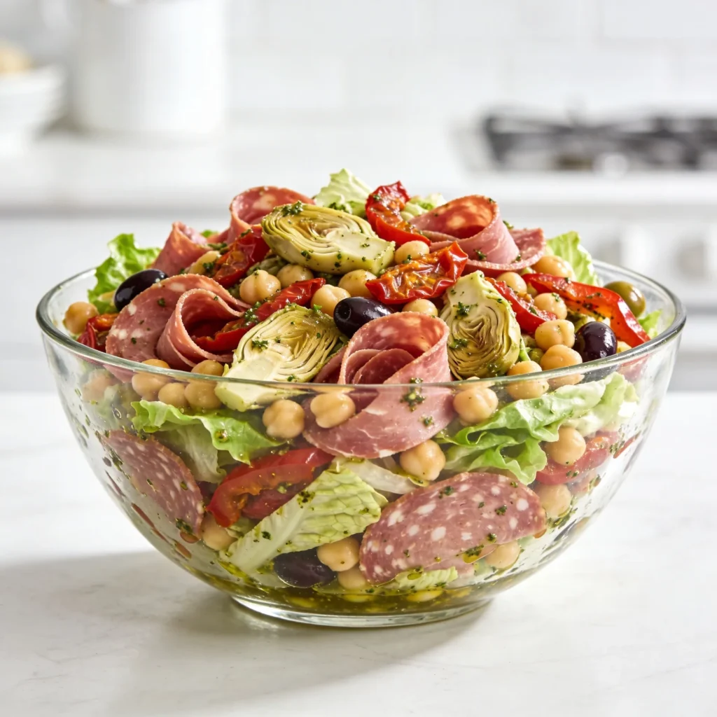 Fully assembled and tossed high protein italian antipasto salad in a glass bowl.