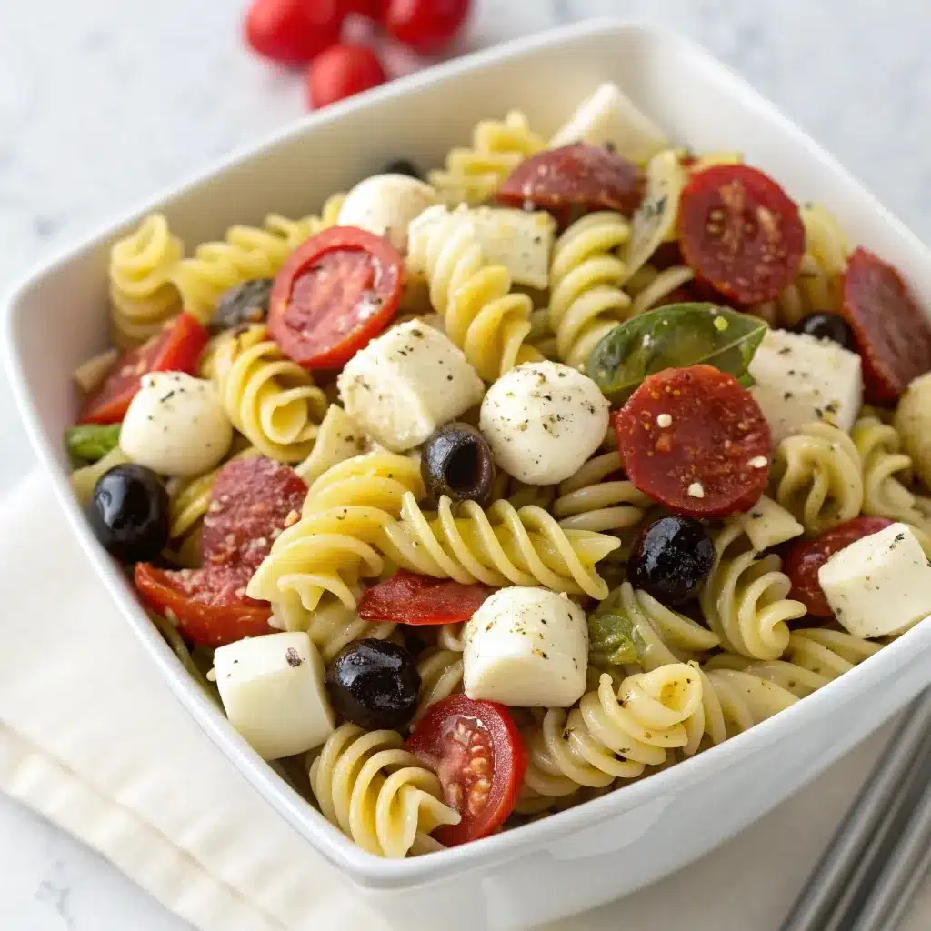 Italian style pasta salad with pepperoni and mozzarella pearls.