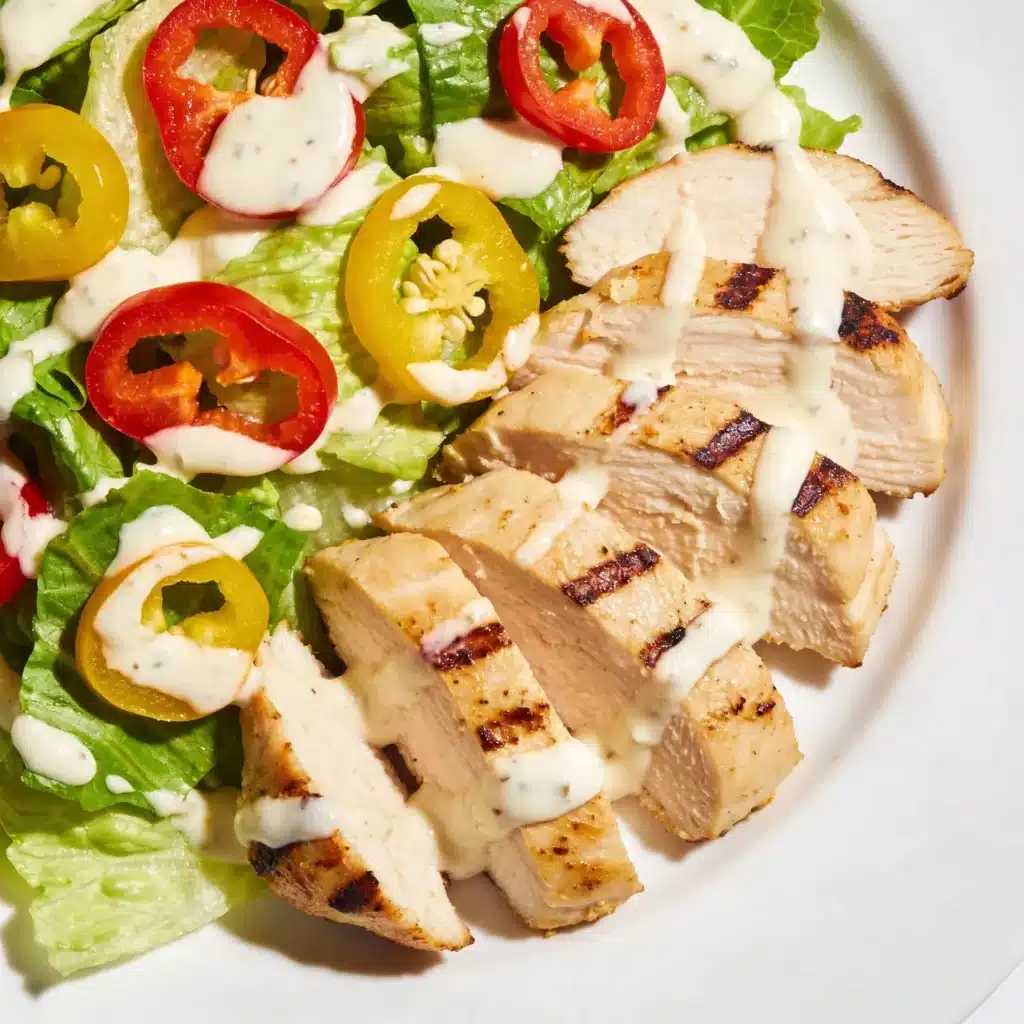 Chicken caesar salad with bell peppers instead of croutons.