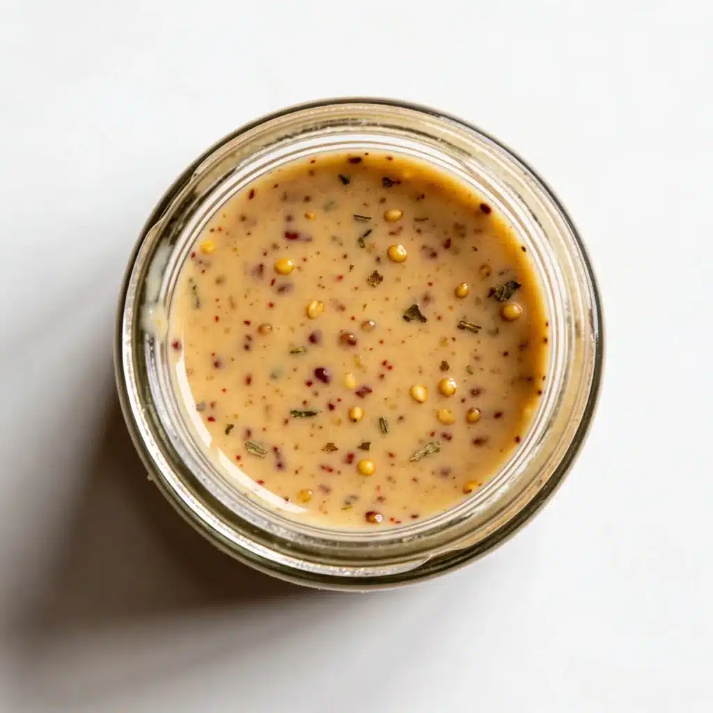 Low calorie antipasto dressing with red wine vinegar and dijon mustard in a glass jar.