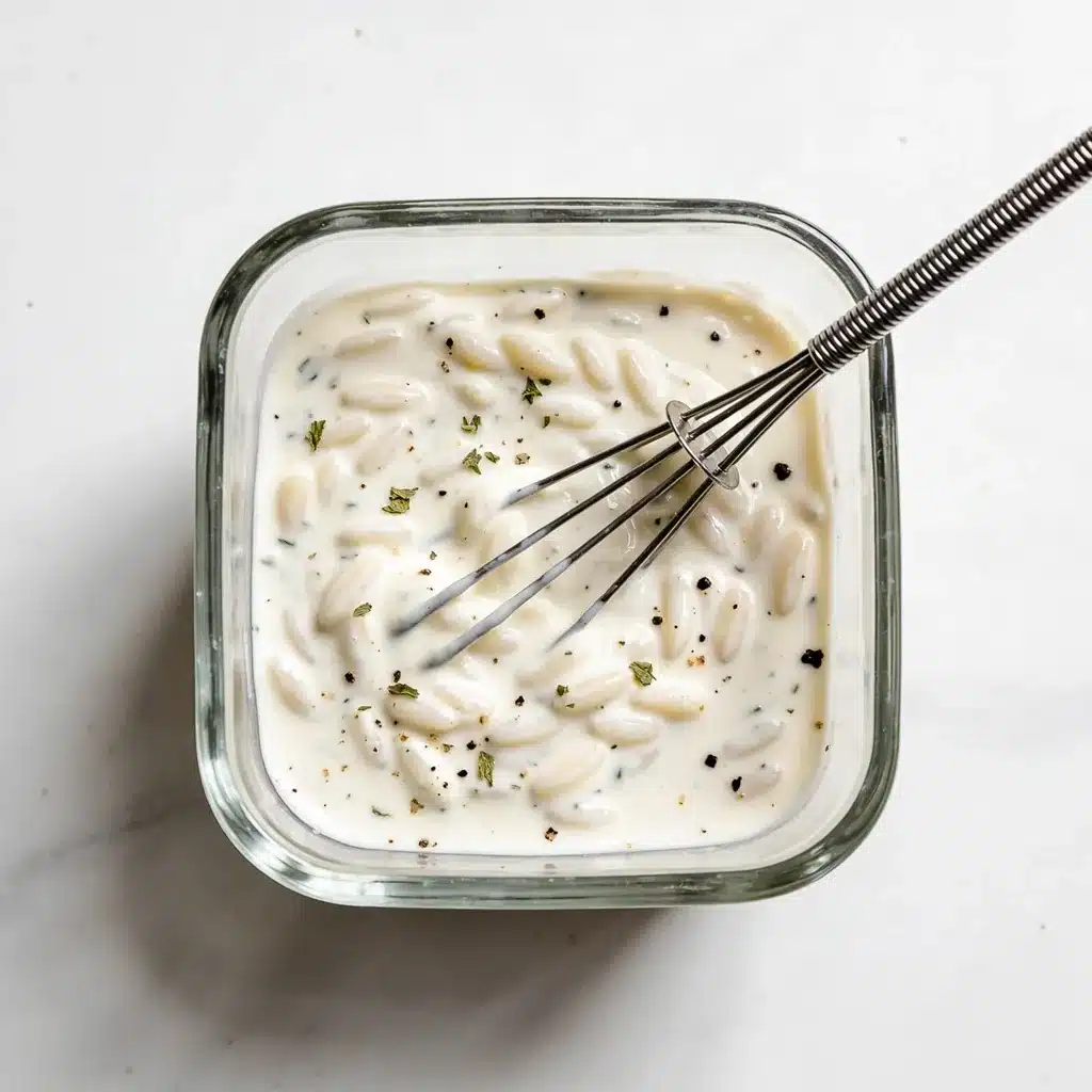 Whisking a creamy low calorie Greek orzo salad dressing in a glass bowl.