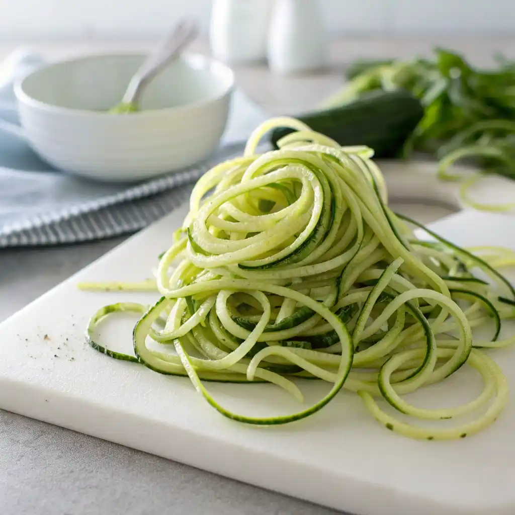 Spiralized green zucchini noodles on a white cutting board.