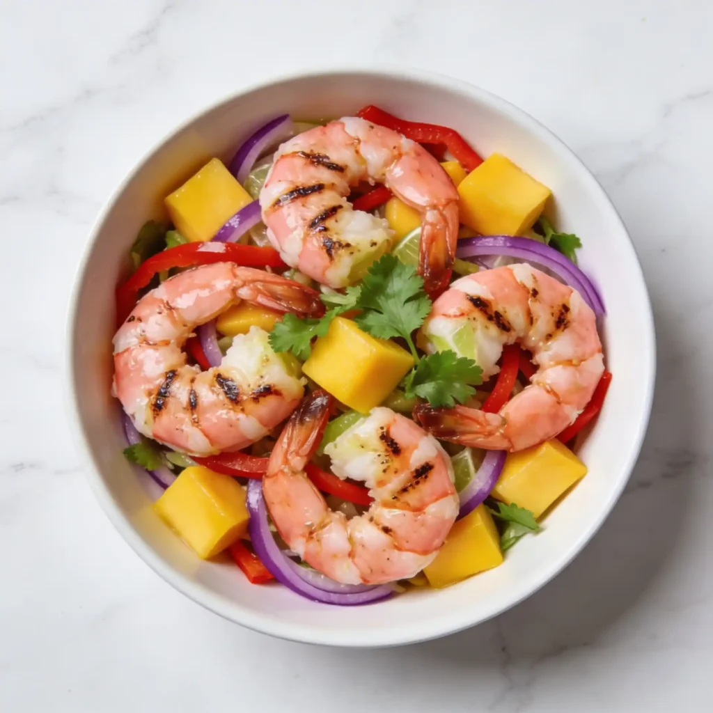 A mango lime salad variation topped with grilled shrimp.