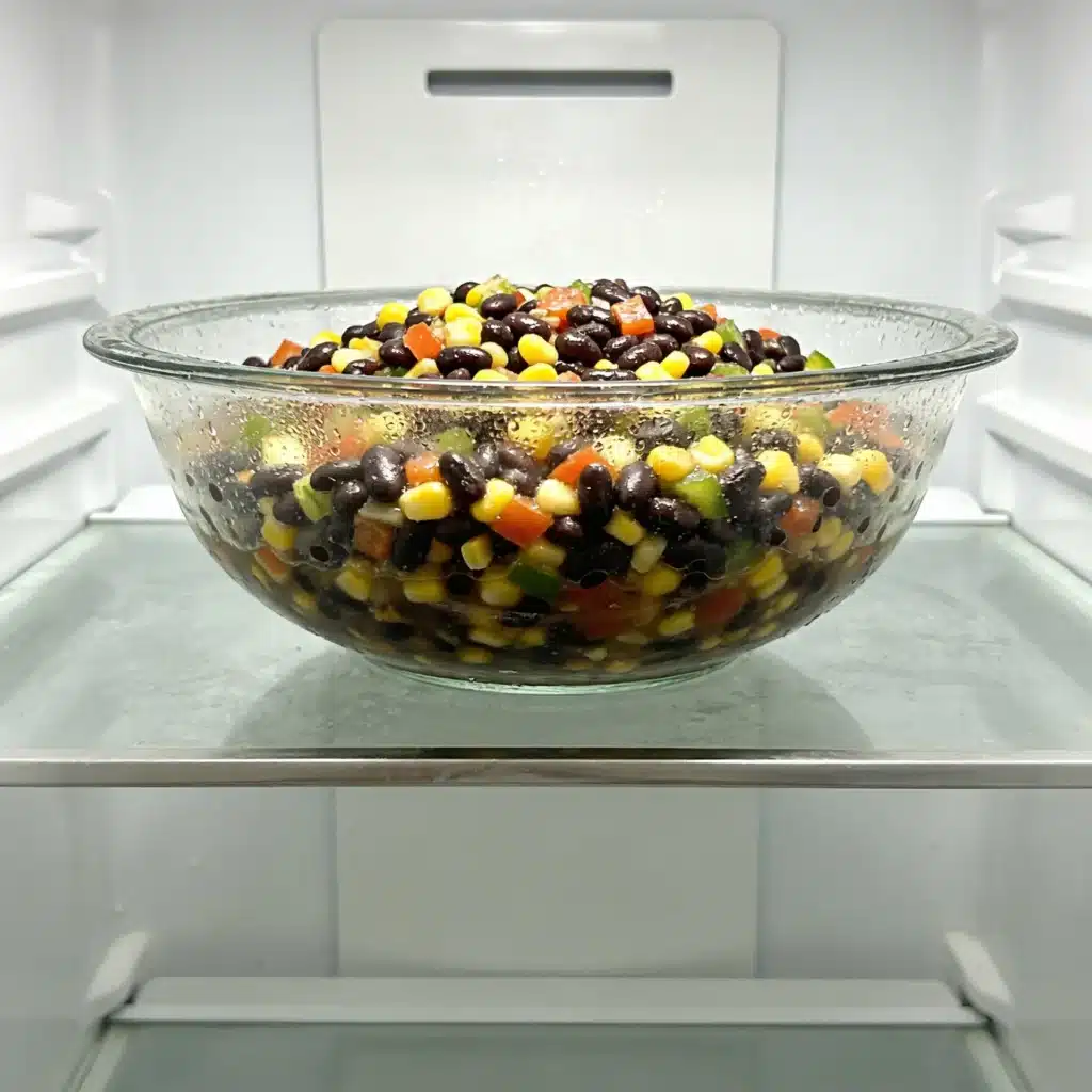 Southwest black bean salad marinating in the refrigerator.