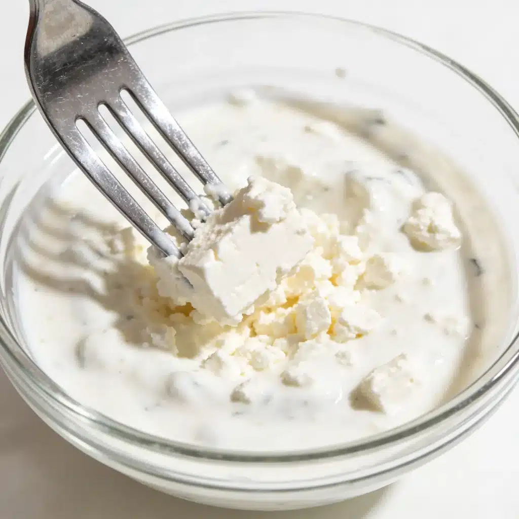 Mashing feta cheese into Greek yogurt dressing with a fork.