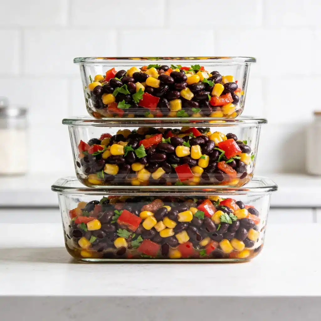 Stack of meal prep containers filled with high protein black bean salad.