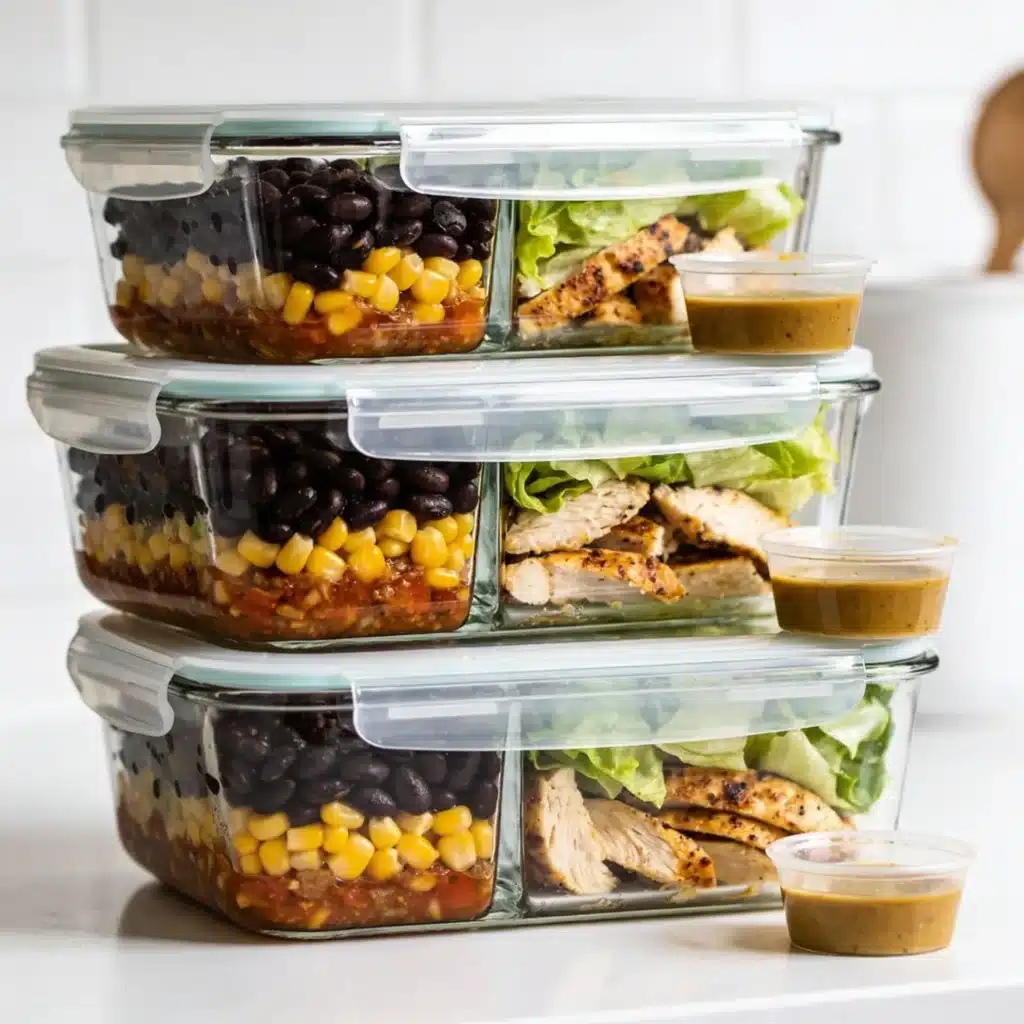 Stack of meal prep containers filled with southwest chicken salad.
