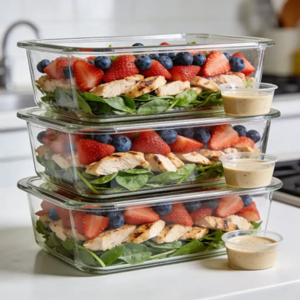 Stack of meal prep containers filled with strawberry salad.