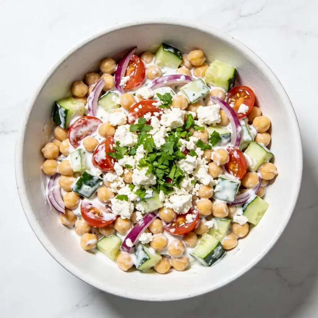 High protein mediterranean chickpea salad in a large white bowl.