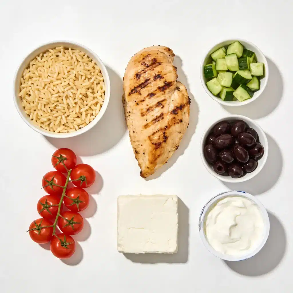 Fresh ingredients for a Mediterranean Greek orzo salad including feta and olives.