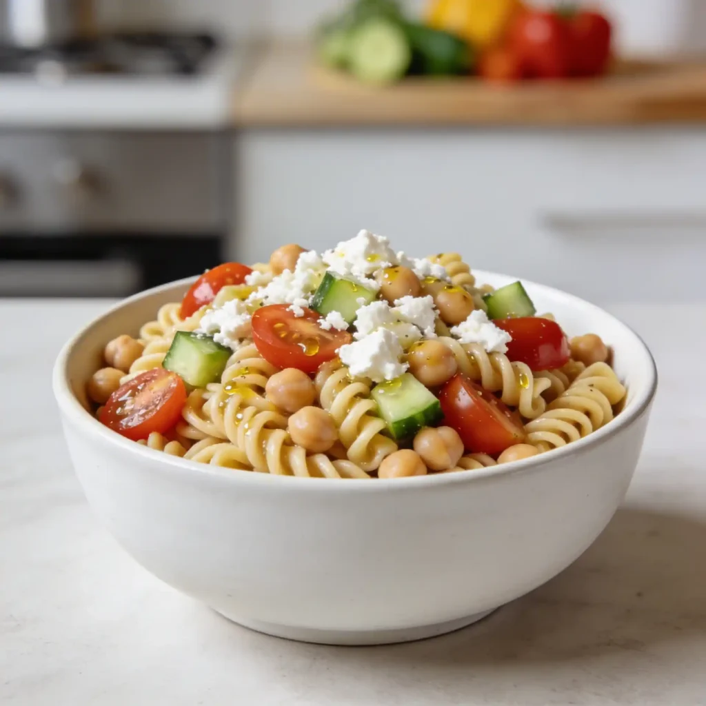 A high protein Mediterranean pasta power bowl featuring protein-packed noodles.