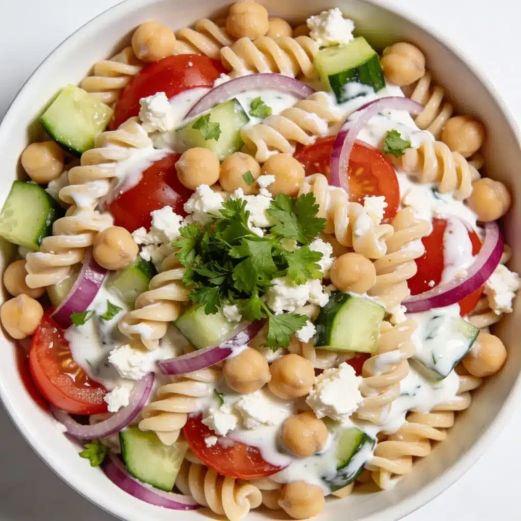 Mediterranean chickpea salad mixed with protein pasta.
