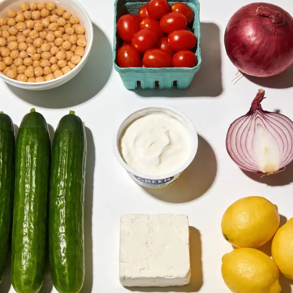 Ingredients for mediterranean chickpea salad including yogurt and feta.